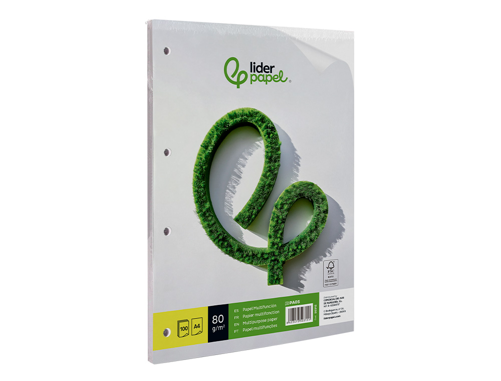 PAPEL LIDERPAPEL DIN A4 80 GR LISO 4 FUROS EMBALAGEM DE 100 FOLHAS