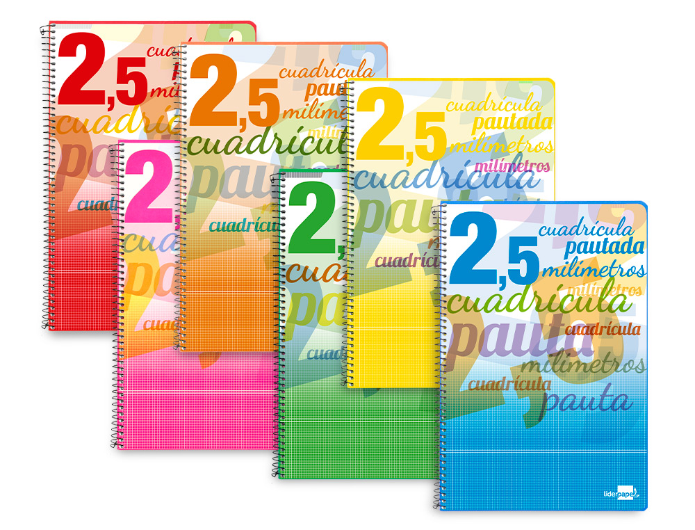 BLOC ESPIRAL LIDERPAPEL TAPA CARTONCILLO FOLIO 80 HOJAS CUADRICULADO PAUTADO 2,5 MM 70 GRS CON MARGEN COLORES