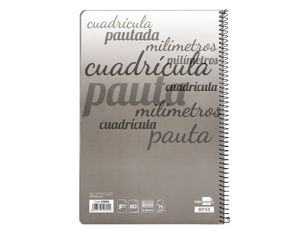BLOC ESPIRAL LIDERPAPEL TAPA CARTONCILLO FOLIO 80 HOJAS CUADRICULADO PAUTADO 2,5 MM 70 GRS CON MARGEN COLORES