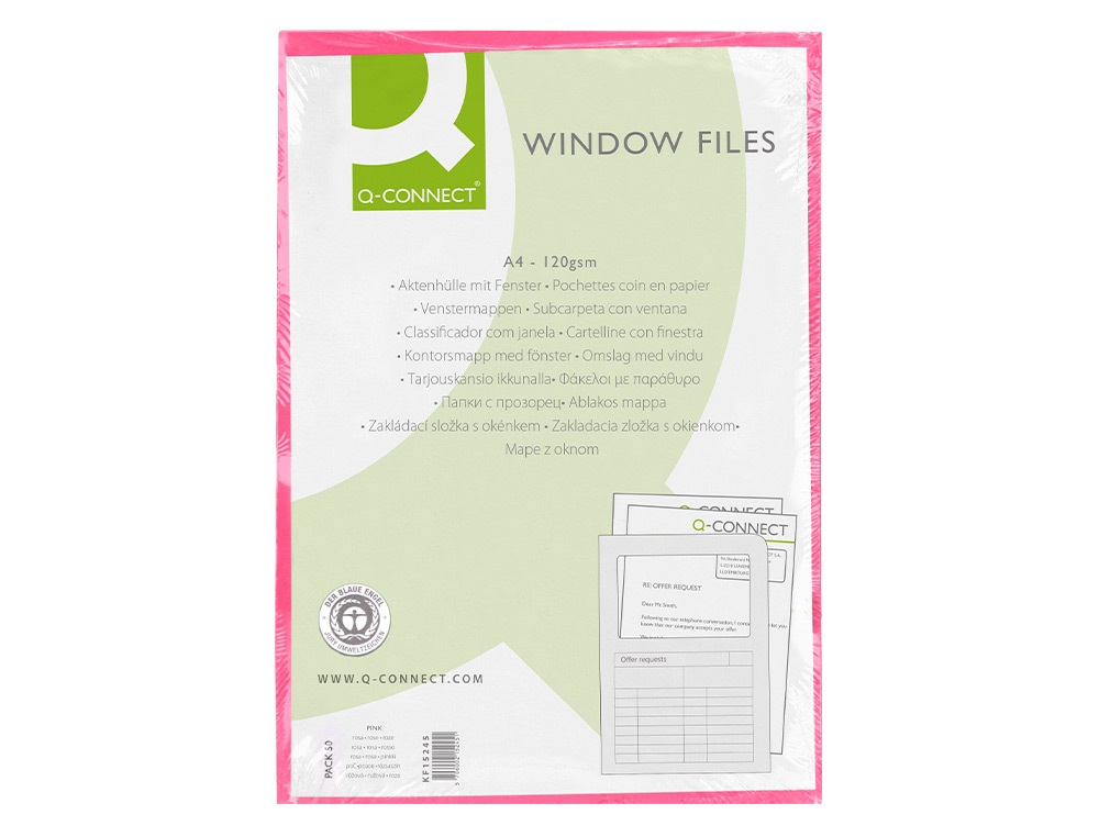 CLASSIFICADOR Q-CONNECT EM CARTOLINA DIN A4 ROSA COM JANELA TRANSPARENTE 120 GR