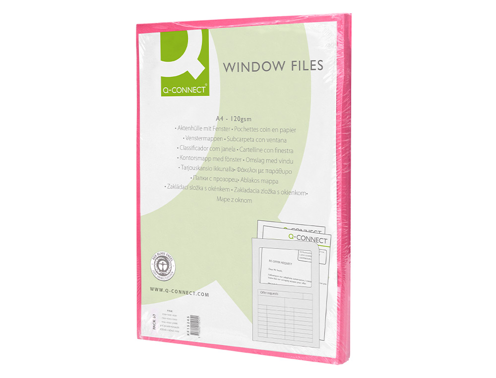 CLASSIFICADOR Q-CONNECT EM CARTOLINA DIN A4 ROSA COM JANELA TRANSPARENTE 120 GR
