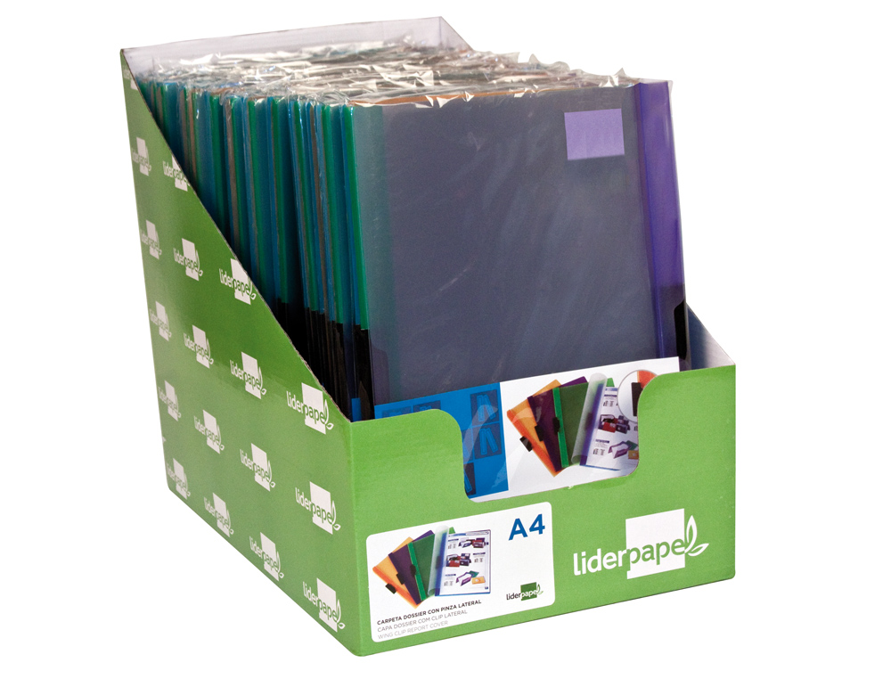 BOLSA DOSSIER LIDERPAPEL COM CLIP LATERAL DIN A4 PACK DE 4 CORES SORTIDAS 30 FOLHAS