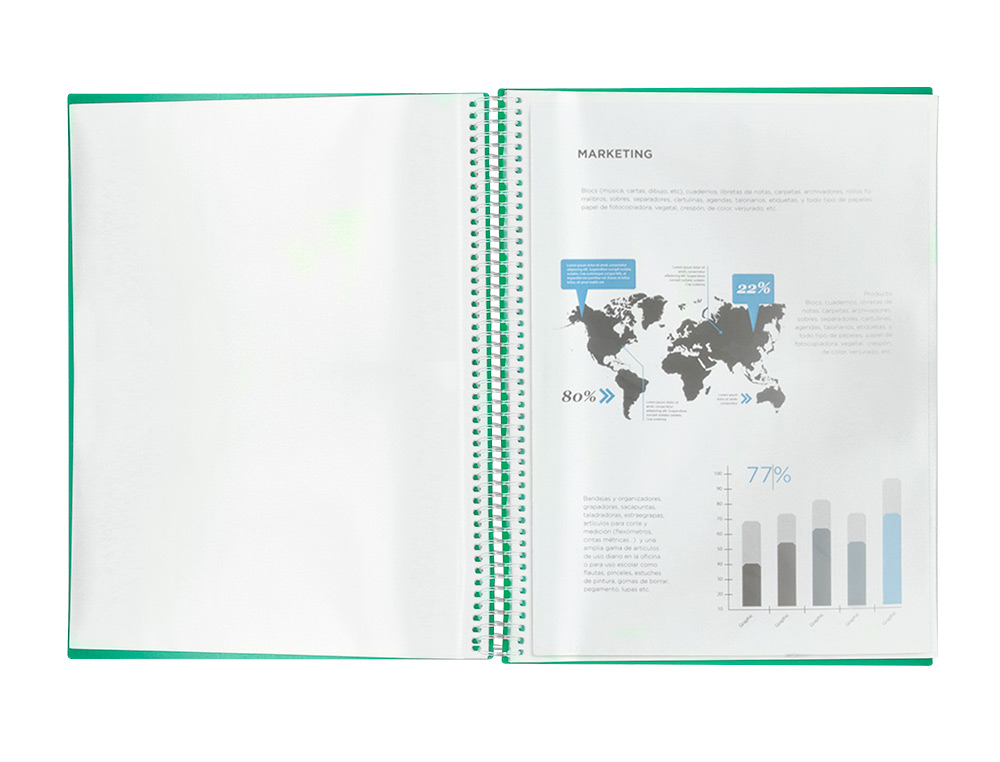 CAPA CATALOGO LIDERPAPEL COM ESPIRAL 80 BOLSAS POLIPROPILENO DIN A4 VERDE