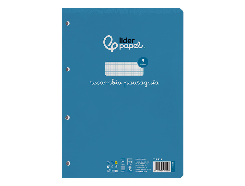 RECAMBIO LIDERPAPEL FOLIO 100 H 4 TALADROS 70 GR CUADRICULADO PAUTADO 3 MM CON MARGEN