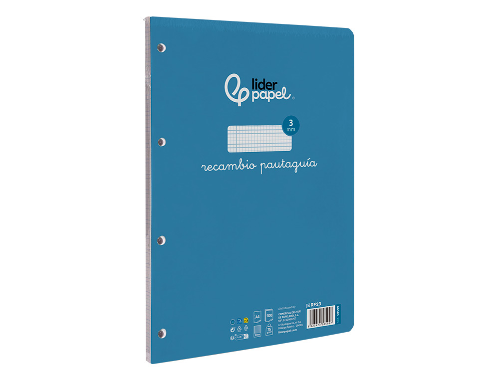 RECAMBIO LIDERPAPEL FOLIO 100 H 4 TALADROS 70 GR CUADRICULADO PAUTADO 3 MM CON MARGEN