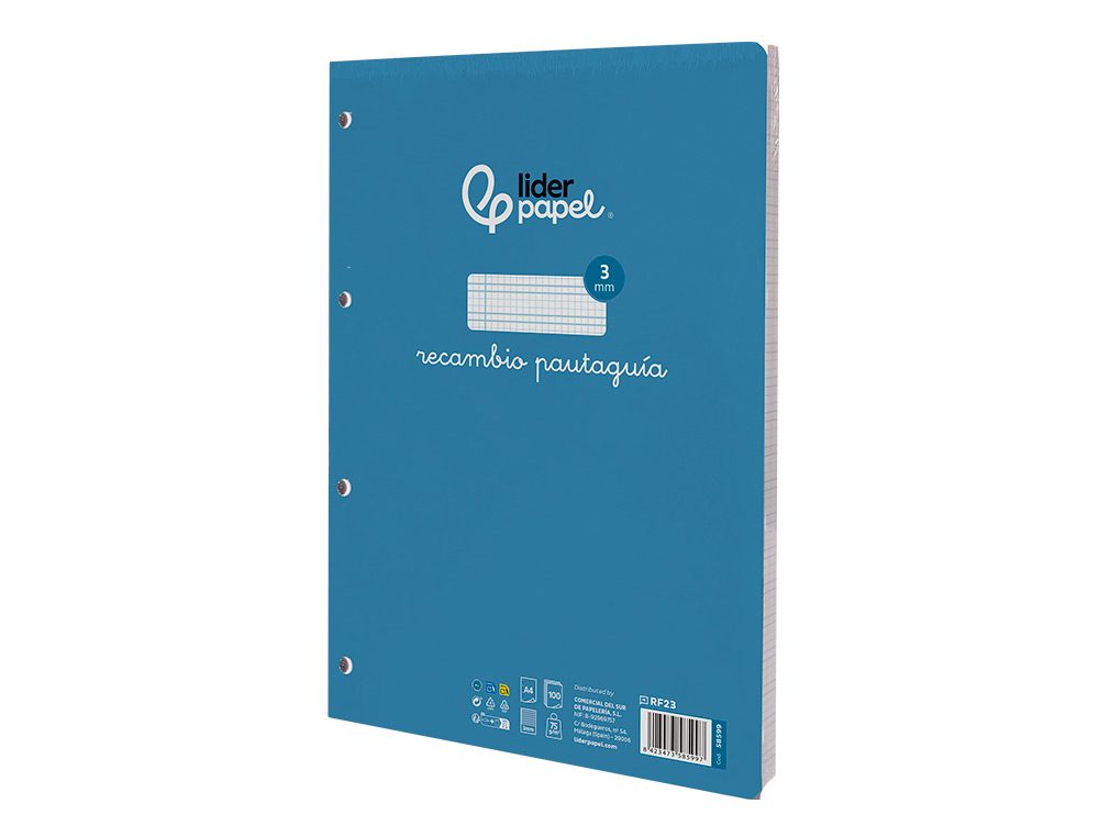 RECAMBIO LIDERPAPEL FOLIO 100 H 4 TALADROS 70 GR CUADRICULADO PAUTADO 3 MM CON MARGEN