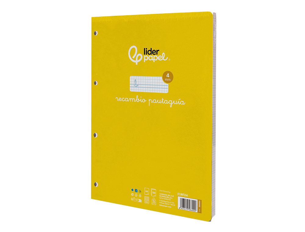 RECAMBIO LIDERPAPEL FOLIO 100 H 4 TALADROS 70 GR CUADRICULADO PAUTADO 4 MM CON MARGEN