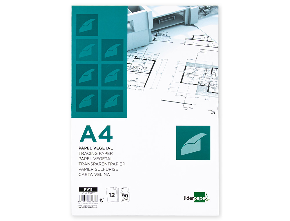 BLOCO DE PAPEL VEGETAL LIDERPAPEL DIN A4 210X297MM 90 GR BOLSA DE 12 FOLHAS