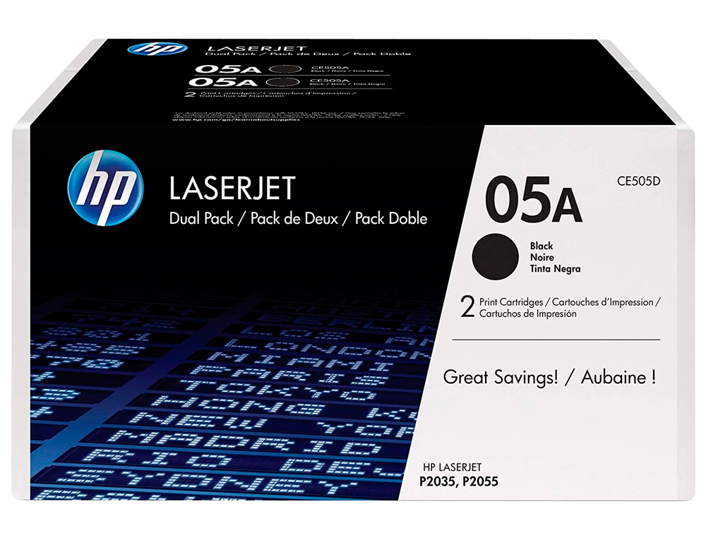 TONER HP 05A LASERJET P2033 / 2035 / 2036 / 2037 / 2054 / 2055 / 2056 / 2057 PRETO PACK DE 2 UNIDADES 2.300 PAG