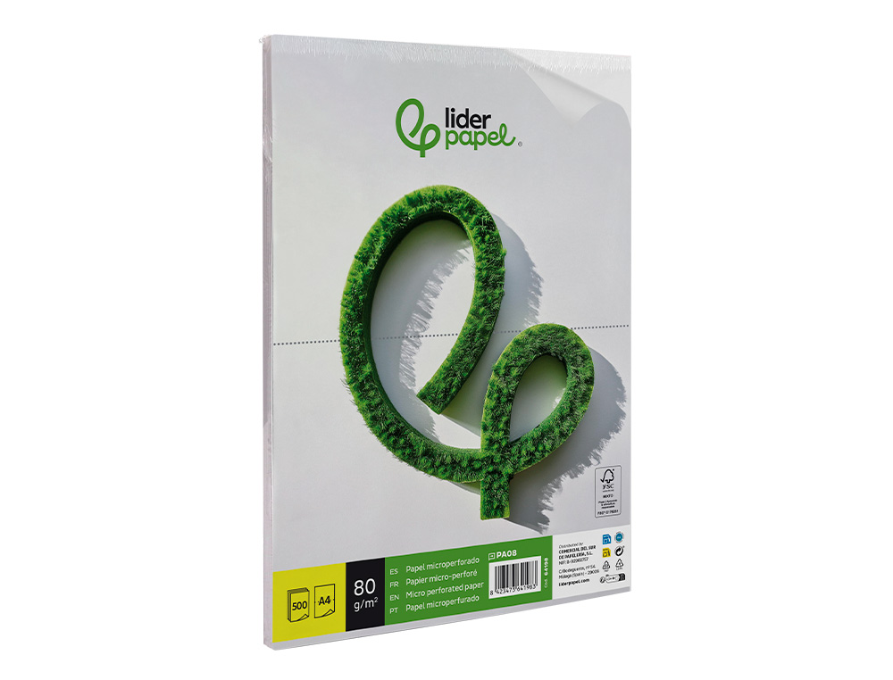 PAPEL LIDERPAPEL DIN A4 80 GR BRANCO MICROPERFURADO EM DUAS PARTES IGUAIS EMBALAGEM DE 500 FOLHAS