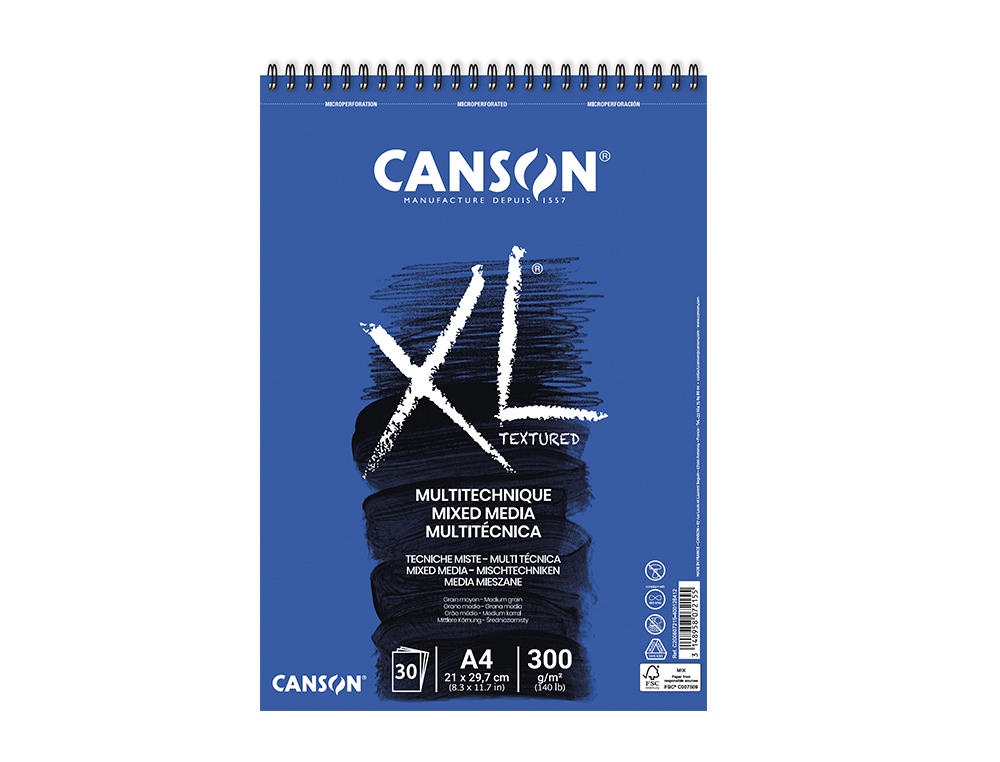 BLOCO DE DESENHO AGUARELA CANSON XL MIX MEDIA GRANO MEDIO DIN A4 MICROPERFURADO ESPIRAL 21X29,7 CM 30 FOLHAS 300 GR