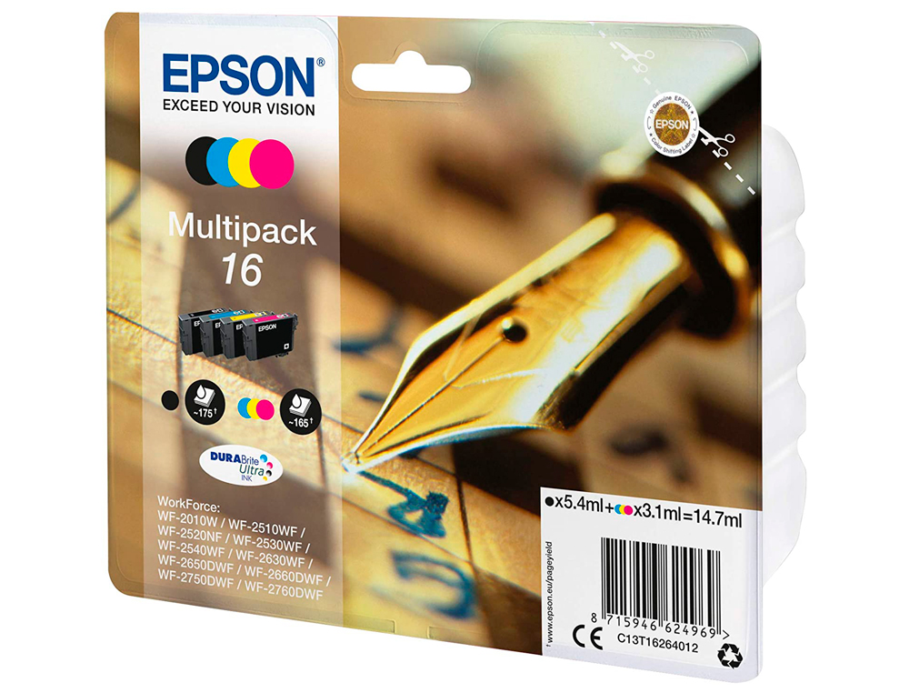 TINTEIRO EPSON 16 MULTIPACK WORKFORCE WF-2010W WF-2510WF WF-2520NF WF-2530WF WF-2540WF PRETO AMARELO CIAN E MAGENTA CAPA