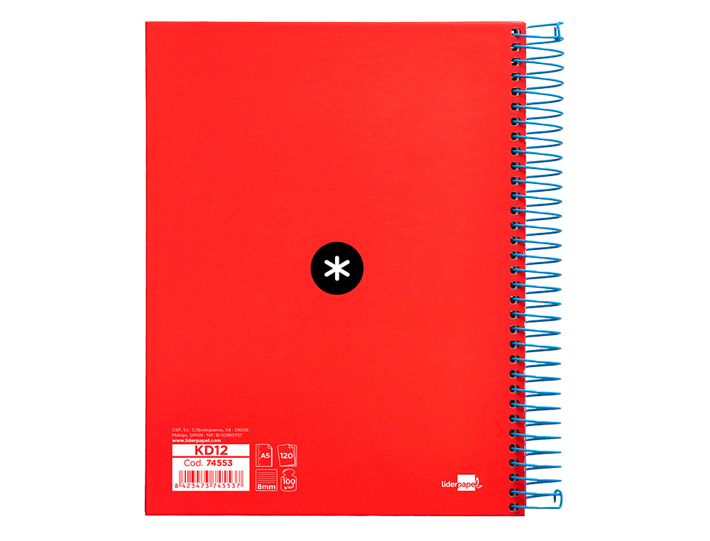 CADERNO ESPIRAL DIN A5 ANTARTIK CAPA FORRADA 120 F 100 GR PAUTADO 5 BANDAS DE CORES 6 FUROS COR VERMELHO