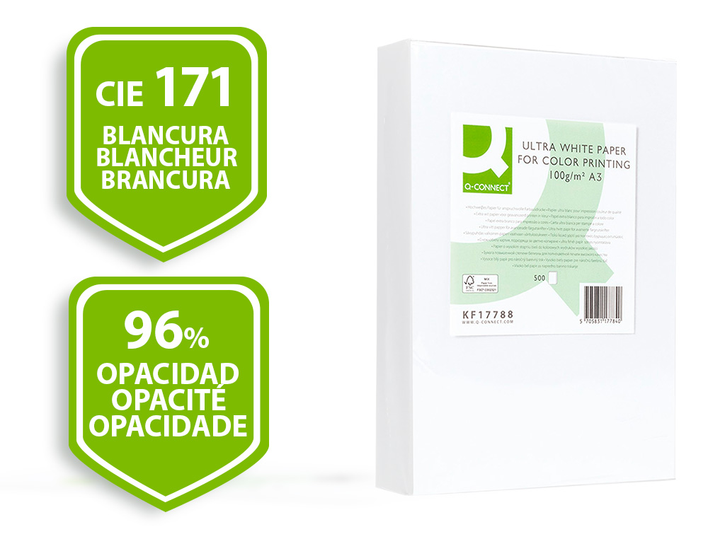 PAPEL FOTOCOPIA ULTRA WHITE Q-CONNECT DIN A3 100 GR EMBALAGEM DE 500 FOLHAS