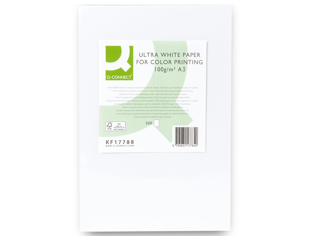 PAPEL FOTOCOPIA ULTRA WHITE Q-CONNECT DIN A3 100 GR EMBALAGEM DE 500 FOLHAS