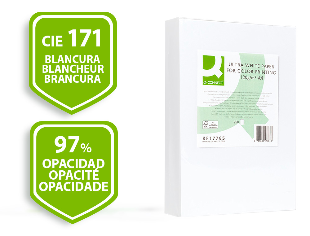 PAPEL FOTOCOPIA ULTRA WHITE Q-CONNECT DIN A4 120 GR EMBALAGEM DE 250 FOLHAS