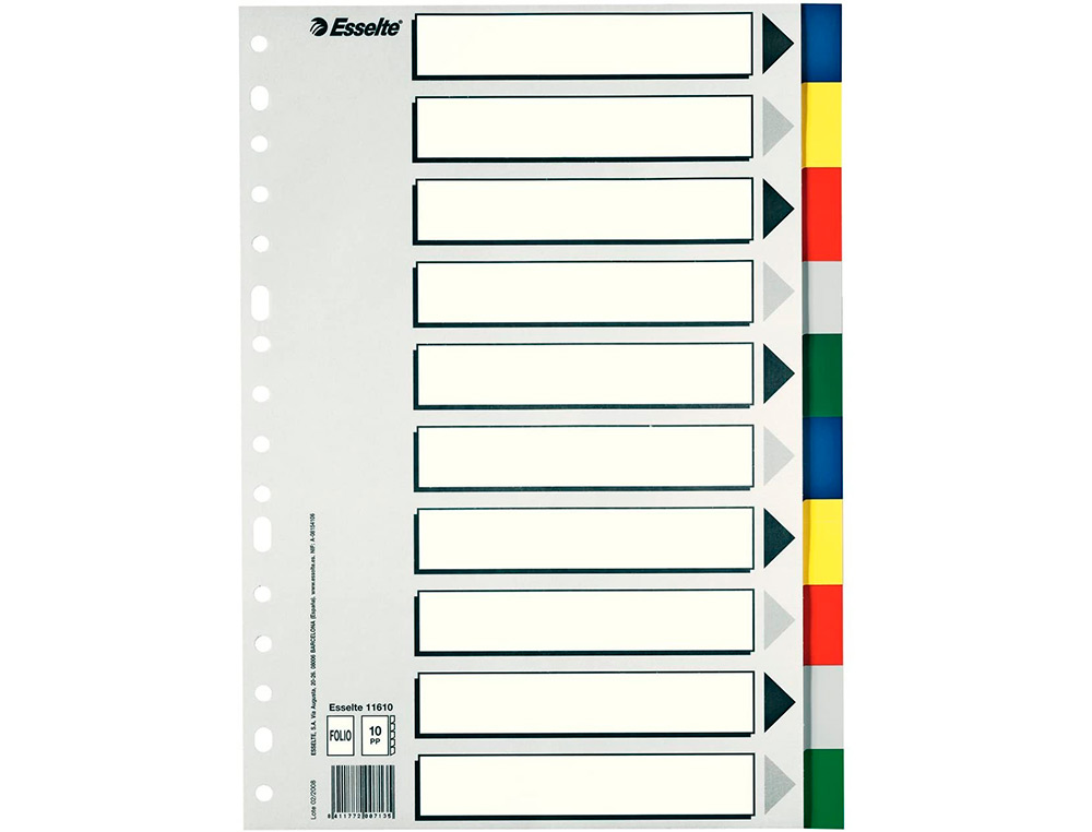 SEPARADOR ESSELTE DE PLASTICO CONJUNTO DE 10 SEPARADORES FOLIO COM 5 CORES MULTIPERFURADO