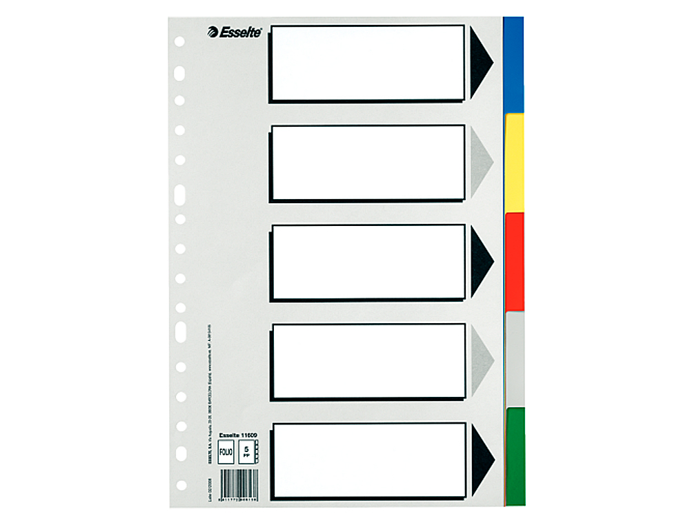 SEPARADOR ESSELTE DE PLASTICO CONJUNTO DE 5 SEPARADORES FOLIO COM 5 CORES MULTIPERFURADO