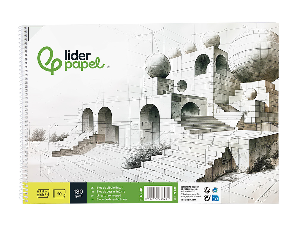 BLOCO DE DESENHO LIDERPAPEL LINEAL ESPIRAL 230X325MM 20 FOLHAS 180 GR COM ESQUADRIA