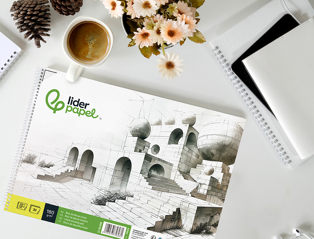 BLOCO DE DESENHO LIDERPAPEL LINEAL ESPIRAL 230X325MM 20 FOLHAS 180 GR COM ESQUADRIA