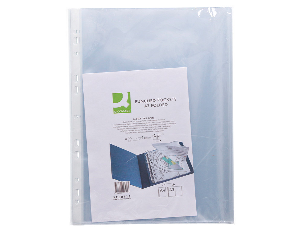 BOLSA CATALOGO/MICA Q-CONNECT DIN A3 AO BAIXO 80 MICRONS CRISTAL COM ABERTURA SUPERIOR - BOLSA DE 10