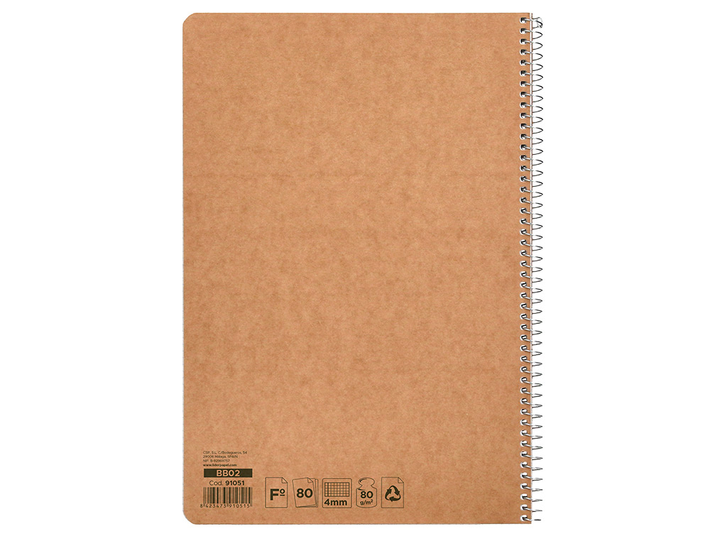 BLOC ESPIRAL LIDERPAPEL FOLIO ECOUSE TAPA CARTULINA KRAFT 80 HOJAS PAPEL RECICLADO 60 GR CUADRO 4 MM. CON MARGEN