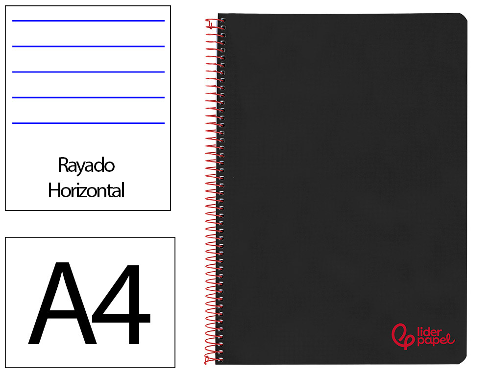 CADERNO ESPIRAL LIDERPAPEL WONDER DIN A4 CAPA PLASTICO 80F 90GR PAUTADO COM MARGEM COR PRETO
