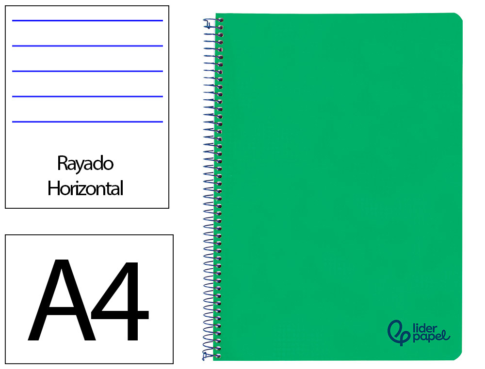 CADERNO ESPIRAL LIDERPAPEL WONDER DIN A4 CAPA PLASTICO 80F 90GR PAUTADO COM MARGEM COR VERDE