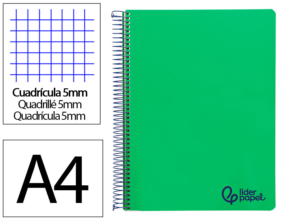 CADERNO ESPIRAL LIDERPAPEL WONDER MICRO DIN A4 CAPA PLASTICO 120F 90GR QUADRICULA 5MM 5 BANDAS 4 FUROS COR VERDE