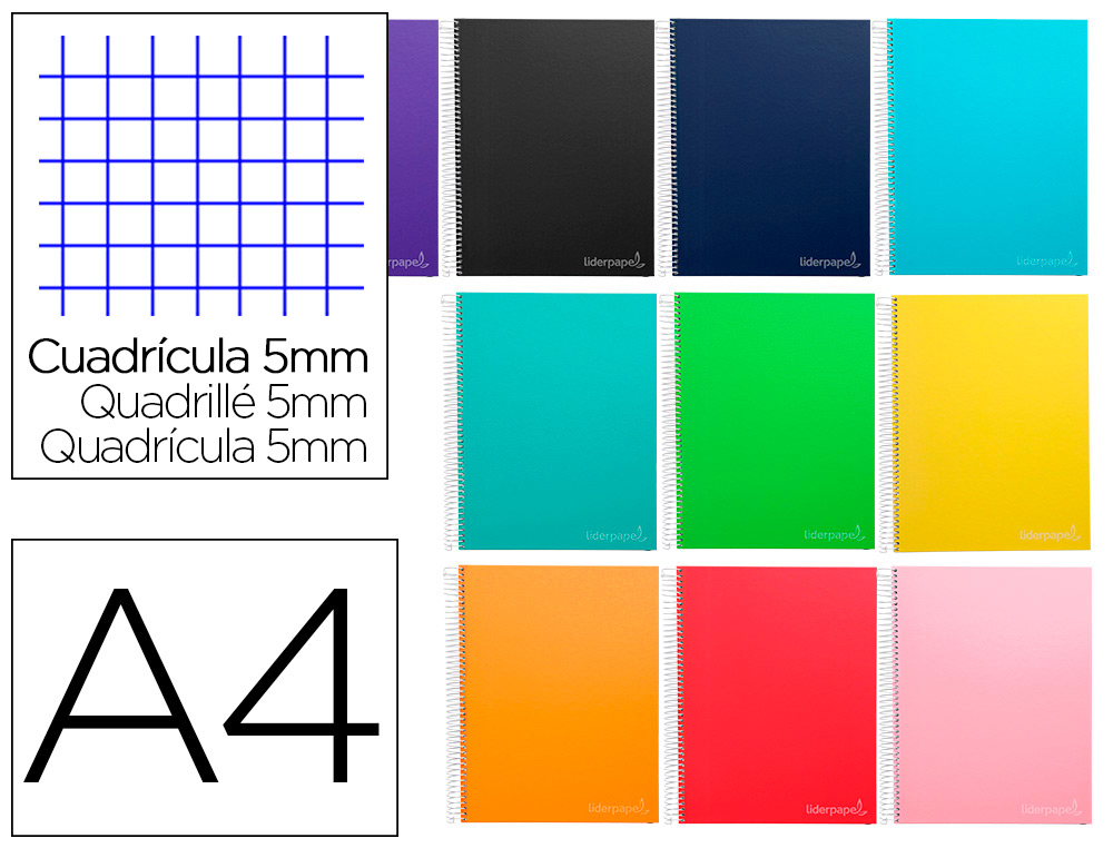 CADERNO ESPIRAL LIDERPAPEL JOLLY MICRO DIN A4 CAPA FORRADA 140 F 75 GR QUADRICULA 5MM 5 BANDAS DE CORES 4 FUROS CORES SO