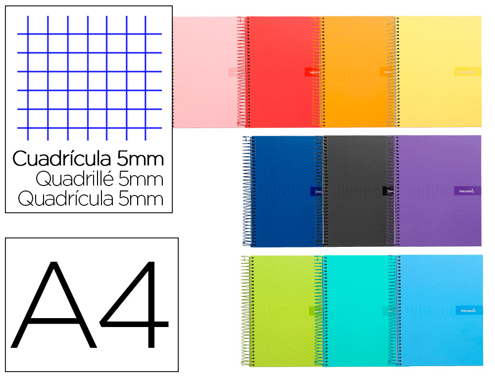 CADERNO ESPIRAL LIDERPAPEL CRAFTY DIN A4 CAPA FORRADA 80 F 90 GR QUADRICULA 5 MM COM MARGEM CORES SORTIDAS
