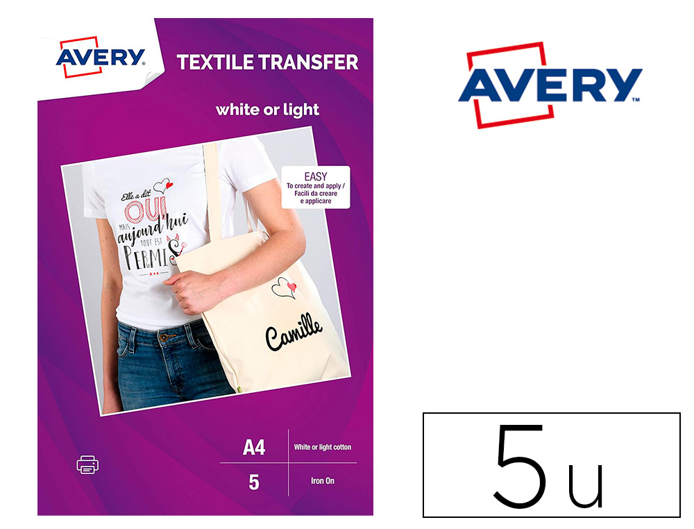 PAPEL TRANSFER AVERY PARA T-SHIRTS EM ALGODAO COR BRANCO IMPRESSAO A JATO DE TINTA DIN A4 EMBALAGEM DE 8 FOLHAS
