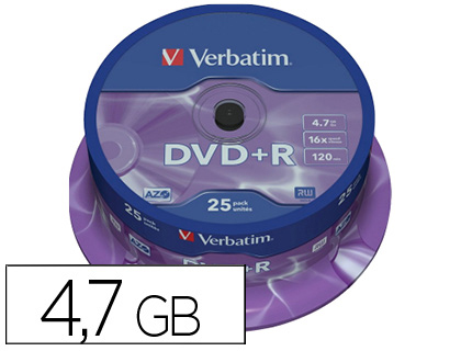 DVD+R VERBATIM CAPACIDADE 4.7GB VELOCIDADE 16X 120 MIN TORRE DE 25 UNIDADES