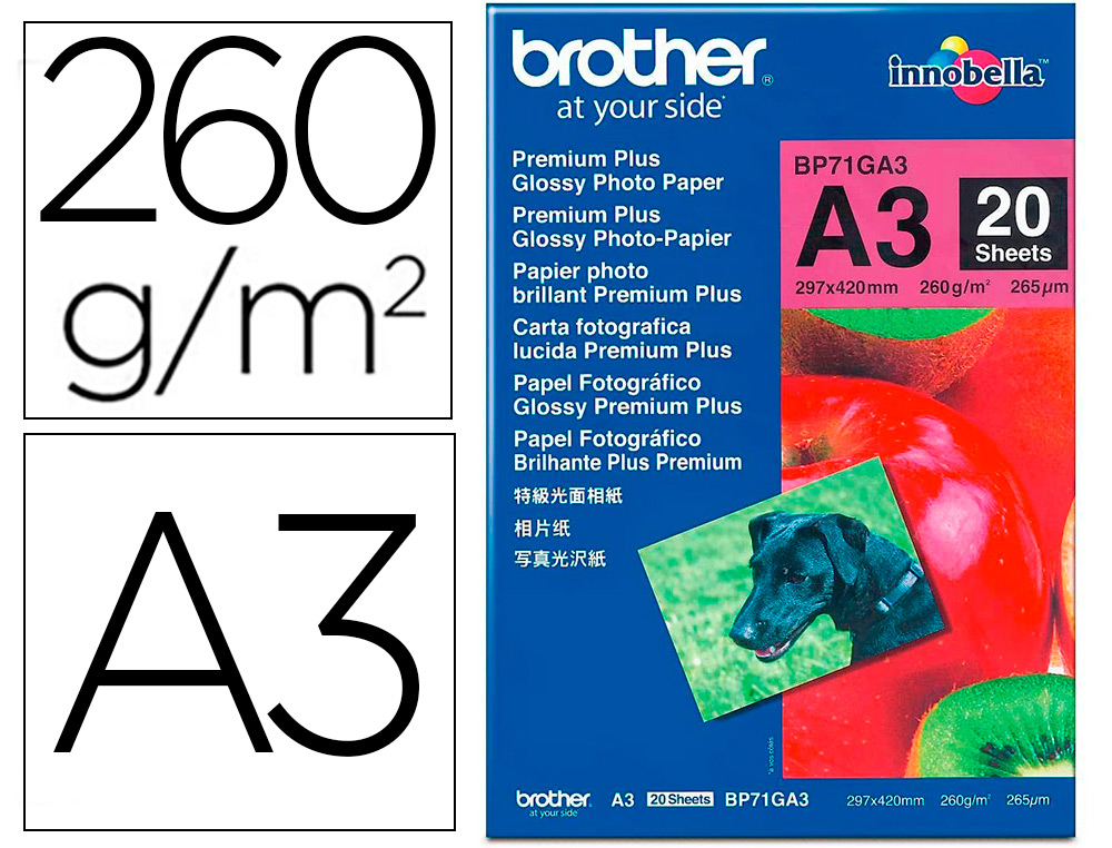 PAPEL FOTO BROTHER BRILHANTE A3 260 GR EMBALAGEM DE 20 FOLHAS