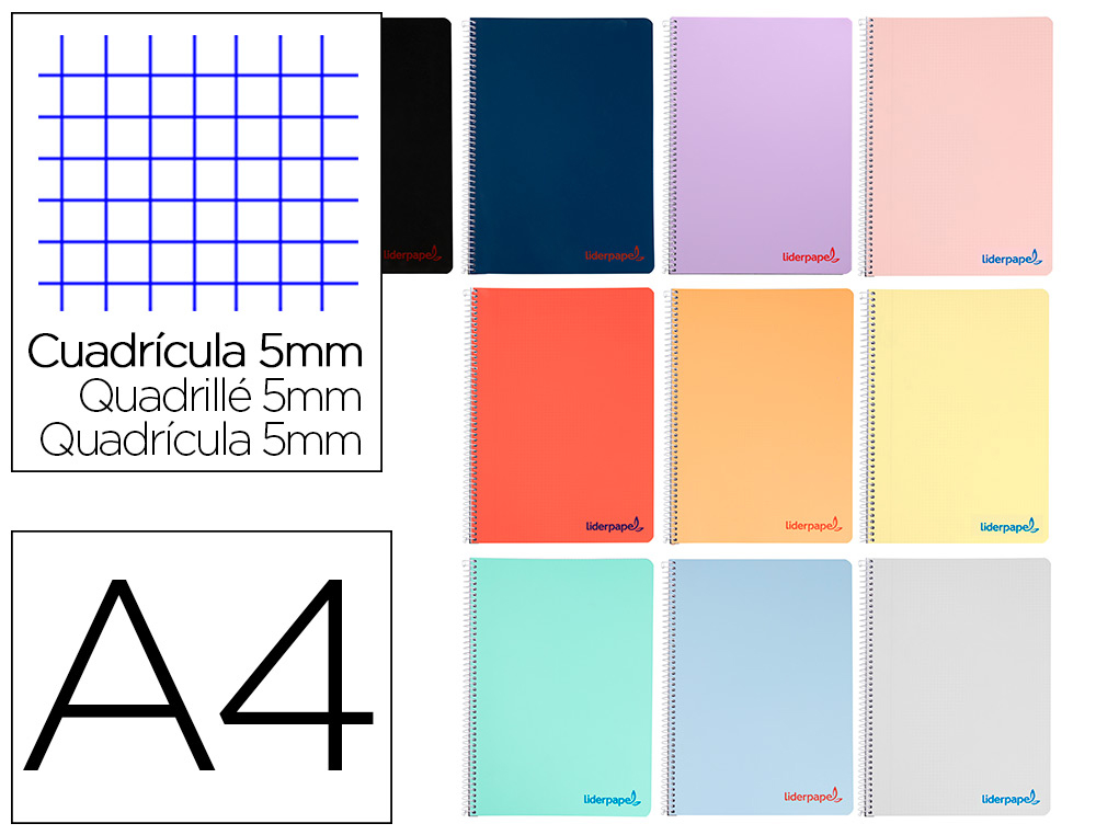 CADERNO ESPIRAL LIDERPAPEL WONDER DIN A4 CAPA PLASTICO 80 F 90 GR QUADRICULA 5MM COM MARGEM CORES SORTIDAS