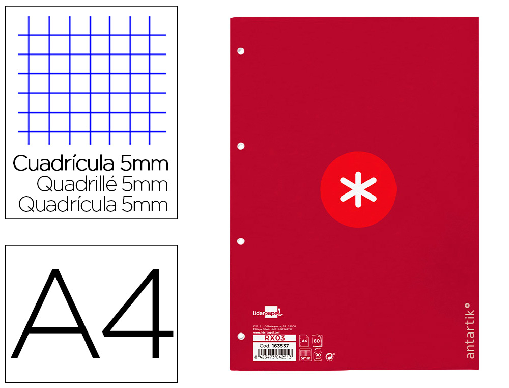 RECARGA COLADA ANTARTIK QUADRICULA DE 5MM DIN A4 100 F 90 GR 4 FUROS 1 BANDA MOLDURA COR FRAMBOESA