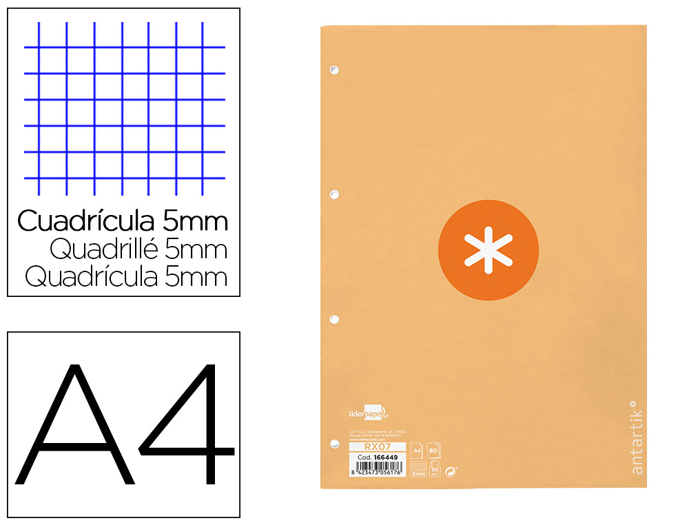 RECARGA A4 ANTARTIK 80 FOLHAS 90G/M2 QUADRICULA 5MM 4 FUROS 1 BANDA COM MOLDURA COR AMARELO CLARO