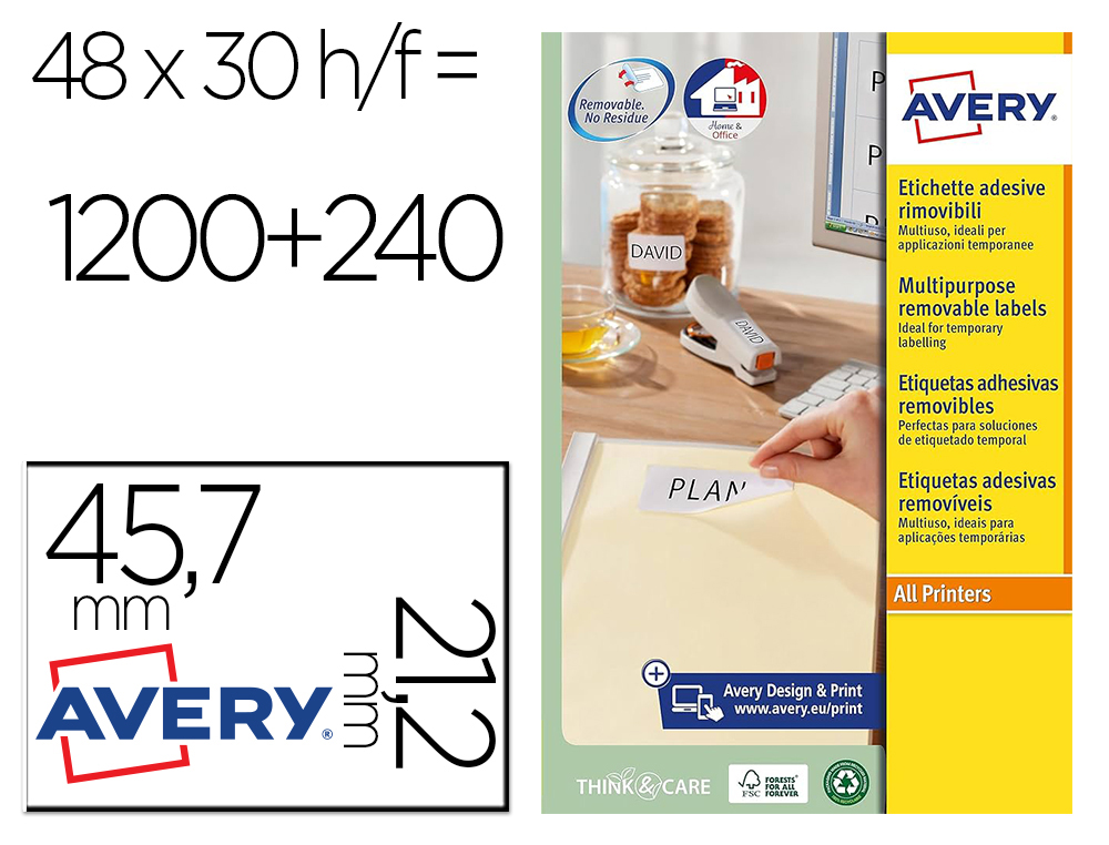 ETIQUETA ADESIVA AVERY BRANCA REMOVIVEL IMPRESSORA LASER INJECAO DE TINTA E FOTOCOPIADORA 45,7X21,2 MM CAIXA DE 1200 UDS