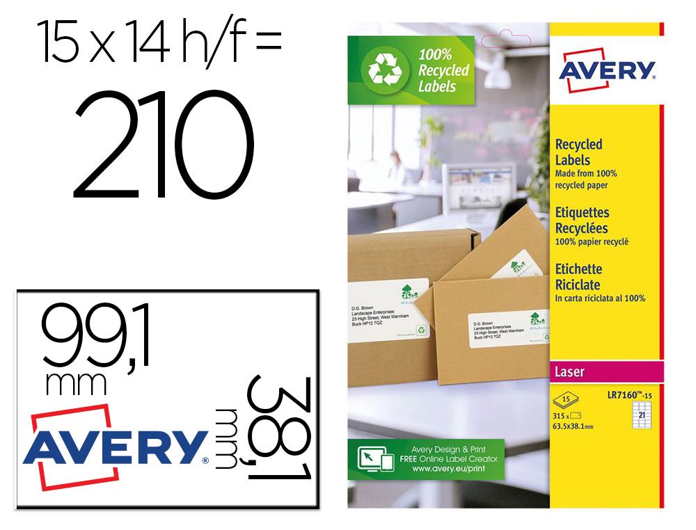 ETIQUETA ADESIVA AVERY BRANCA PERMANENTE RECICLADA 100% PARA IMPRESSORA LASER 99,1X38,1 MM CAIXA DE 210 UNIDADES