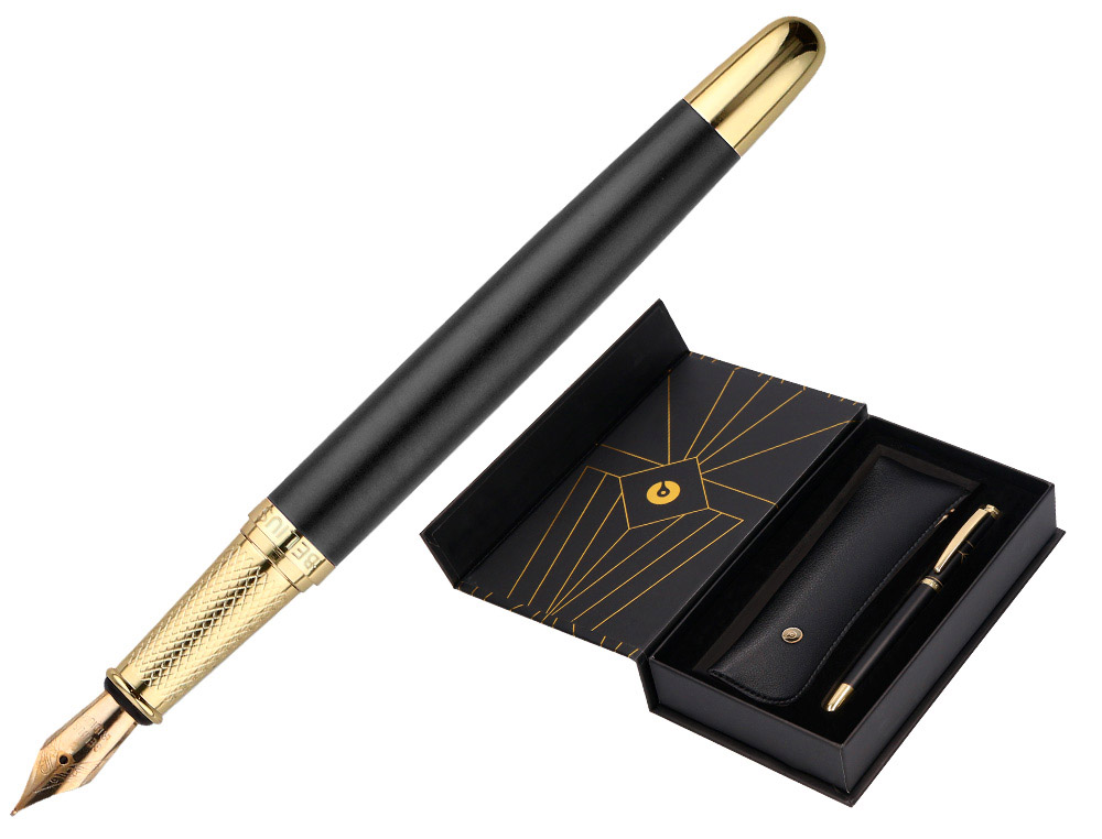 CANETA E ESTOJO BELIUS SOIREE DESENHO ART DECO PRETO E DOURADO TINTA AZUL CAIXA DESIGN
