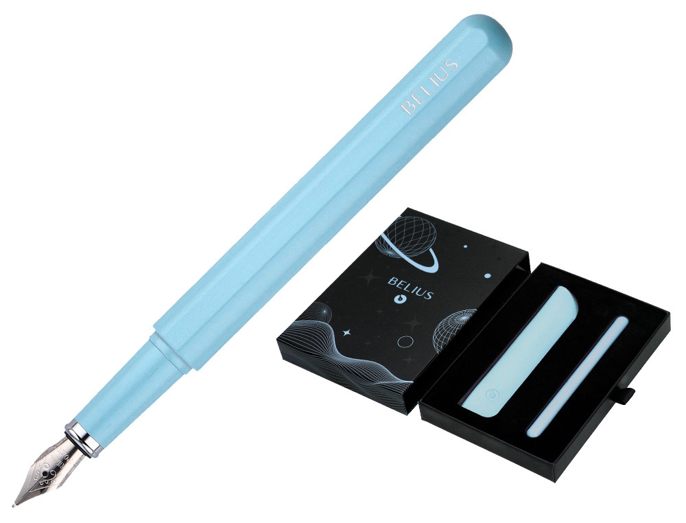 CANETA E BOLSA EM IMITACAO PELE BELIUS SPACE B DESENHO MINIMALISTA AZUL TINTA AZUL CAIXA DESIGN