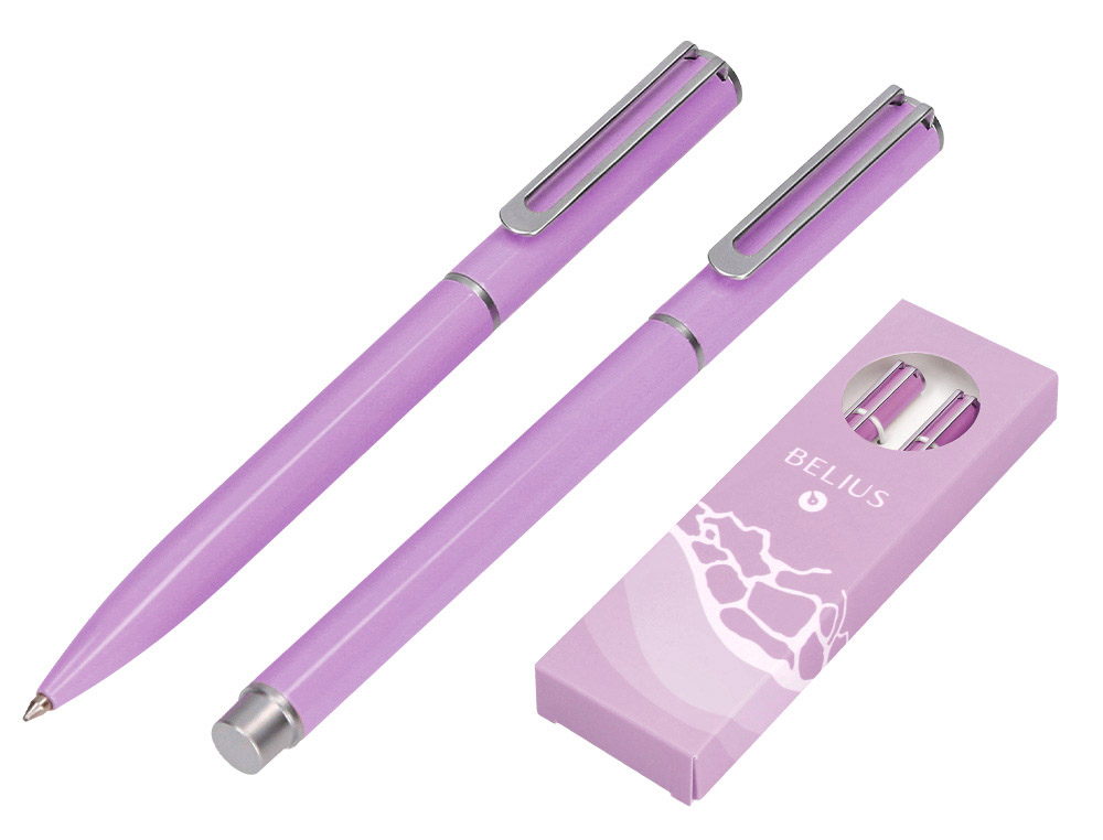 CONJUNTO ESFEROGRAFICA E ROLLER BELIUS ENDLESS SUMMER ALUMINIO DESENHO ROXO E PRATEADO TINTA AZUL CAIXA DESIGN