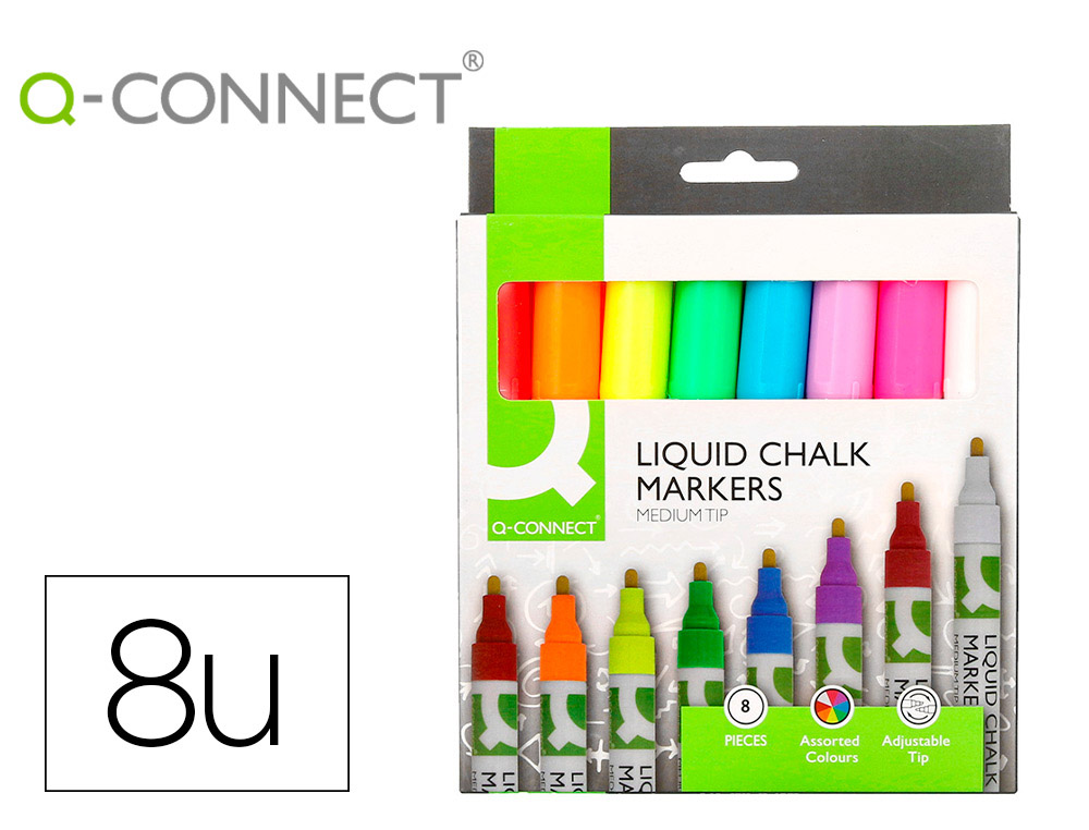 MARCADOR Q-CONNECT GIZ LIQUIDO PONTA REDONDA TRACO 3 MM CAIXA DE 8 UNIDADES CORES SORTIDAS