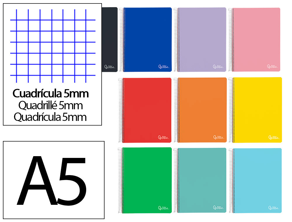 CADERNO ESPIRAL LIDERPAPEL A5 MICRO WITTY CAPA DURA 120 F 90 GR QUADRICULA 5MM 5 BANDAS 6 FUROS CORES SORTIDAS