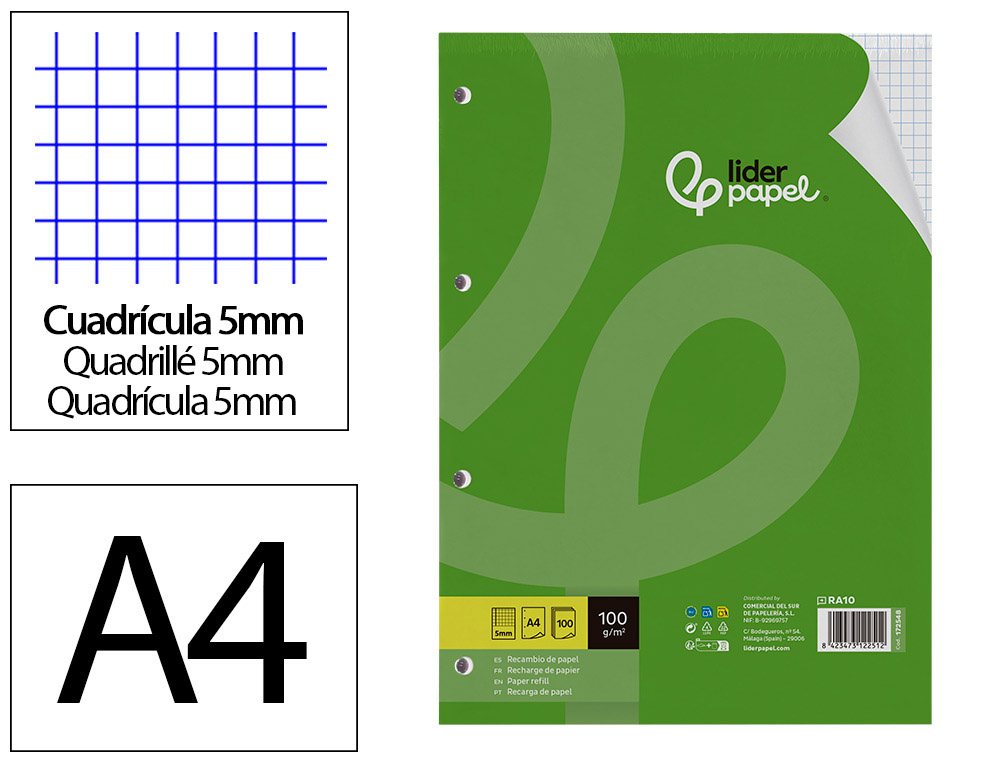 RECARGA LIDERPAPEL A4 100 FOLHAS 100 GR QUADRICULA 5 MM COM MARGEM 4 FUROS