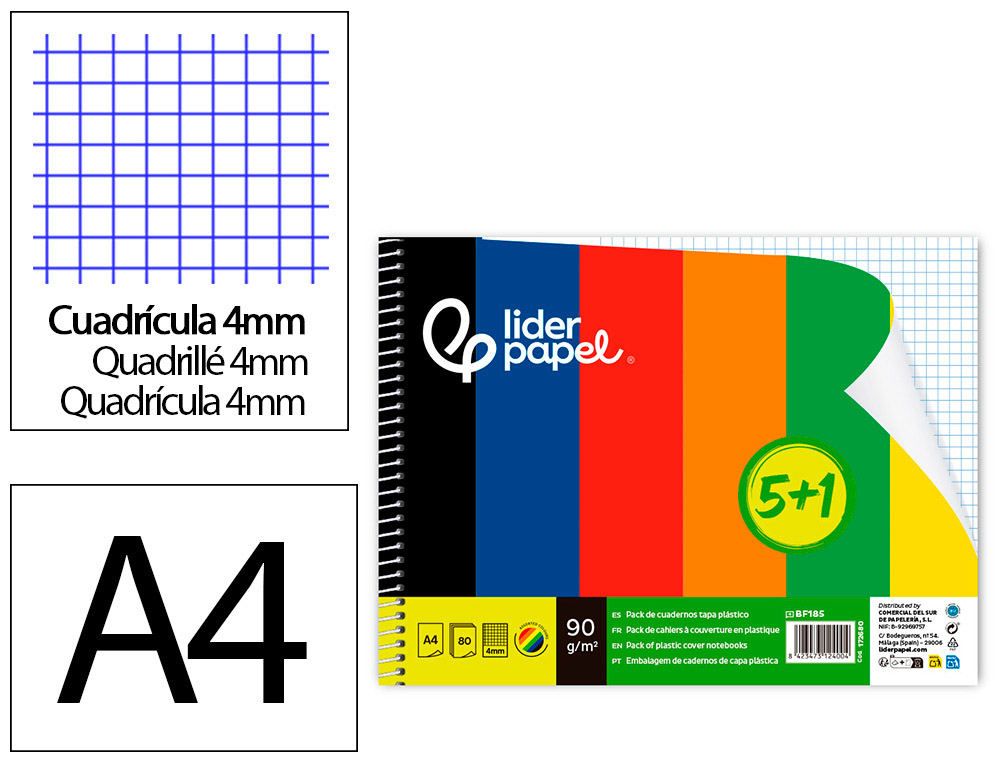 CADERNO ESPIRAL LIDERPAPEL DIN A4 CAPA POLIPROPILENO 80 F 75 GR QUADRICULA 4MM COM MARGEM PACK 5+1 CORES SORTIDAS