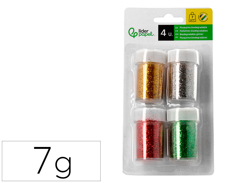 PURPURINA LIDERPAPEL BIODEGRADAVEL FANTASIA FRASCO DE 7 GR CORES METALICAS SORTIDAS BLISTER DE 4 UNIDADES