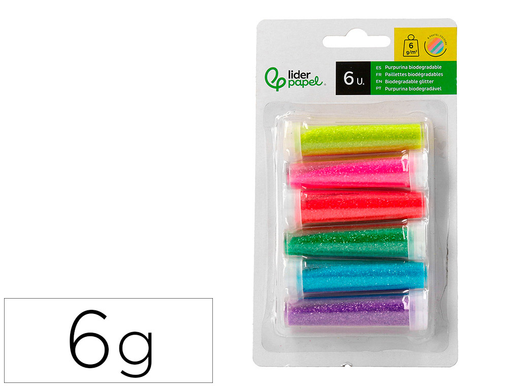 PURPURINA LIDERPAPEL BIODEGRADAVEL FANTASIA FRASCO DE 6 GR CORES METALICAS PASTEL SORTIDAS BLISTER DE 6 UNIDADES