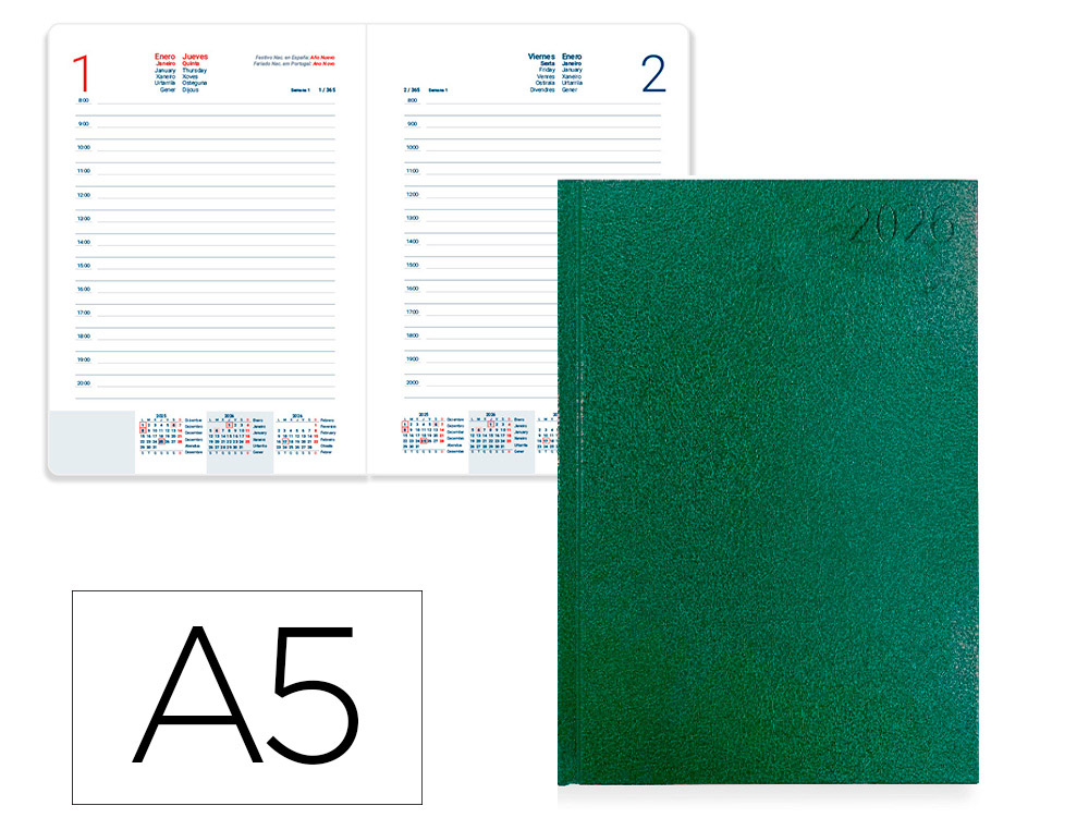 AGENDA ENCADERNADA LIDERPAPEL CORFU 15X21 2026 DIA PAGINA VERDE PAPEL 60 GR FSC