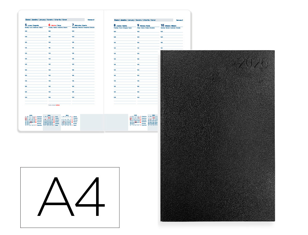 AGENDA ENCADERNADA LIDERPAPEL CORFU A4 2026 SEMANA VISTA PRETO PAPEL 60 GR FSC